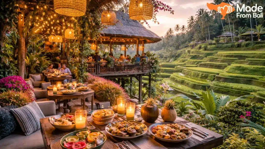 Open air Bali restaurant with rice field view, warm lights, and beautifully plated dishes on the table.