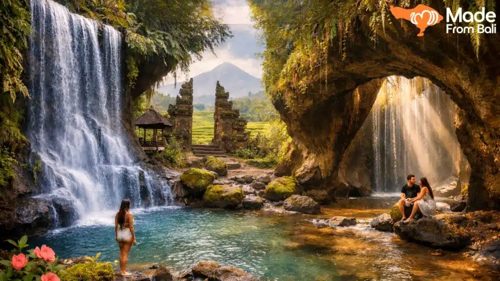 Hidden Bali waterfall surrounded by jungle and stone arch, with visitors exploring a quiet natural pool.