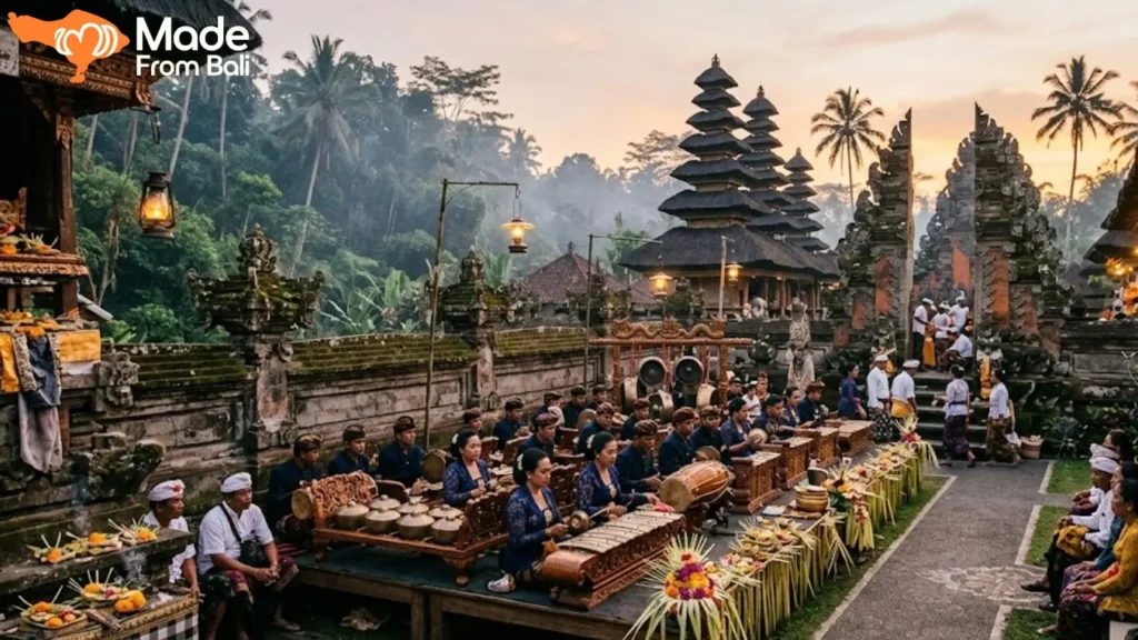 Traditional Balinese cultural performance taking place at a temple during a community ceremony.