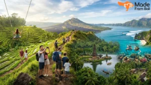 Travelers exploring rice terraces, mountain views, temples, beaches, and snorkeling spots across different areas in Bali.