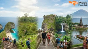 Tourists visiting Bali beaches, rice terraces, waterfalls, and temples across different travel destinations on the island.