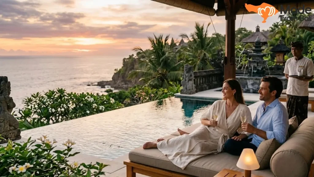 Couple enjoying a luxury Bali resort with ocean views and sunset atmosphere.