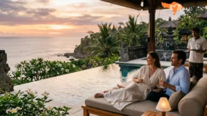 Couple enjoying a luxury Bali resort with ocean views and sunset atmosphere.