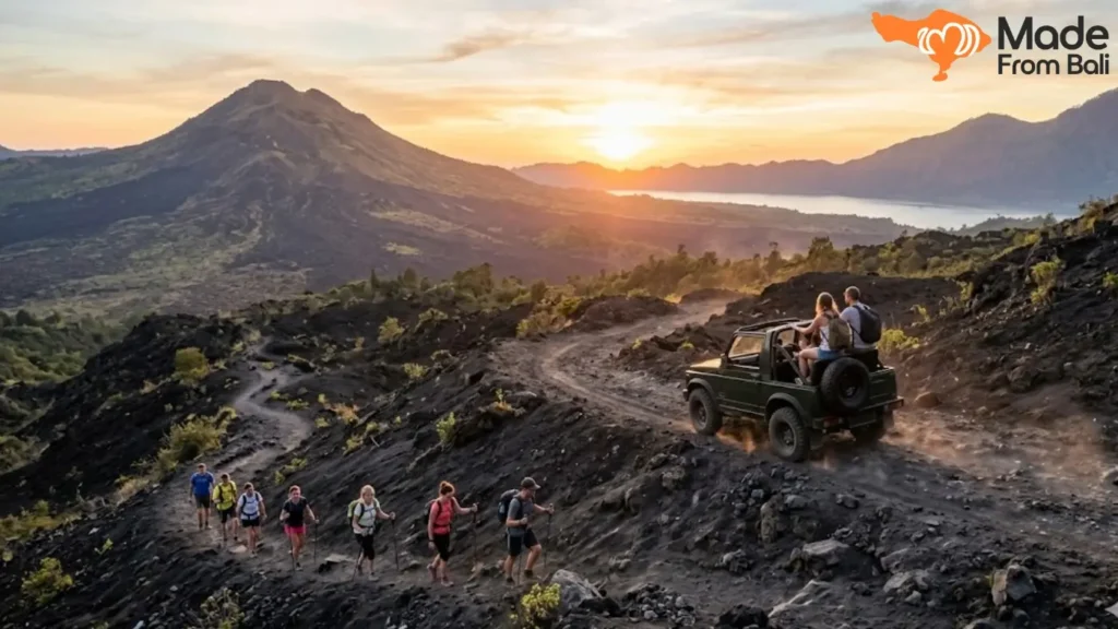 Tourists riding a jeep and hiking near Mount Batur during sunrise with volcanic mountain views.