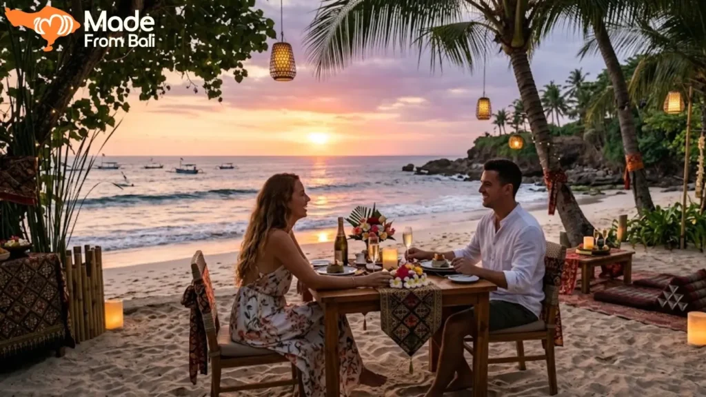 Couple enjoying a romantic beachfront dinner in Bali during sunset by the ocean.