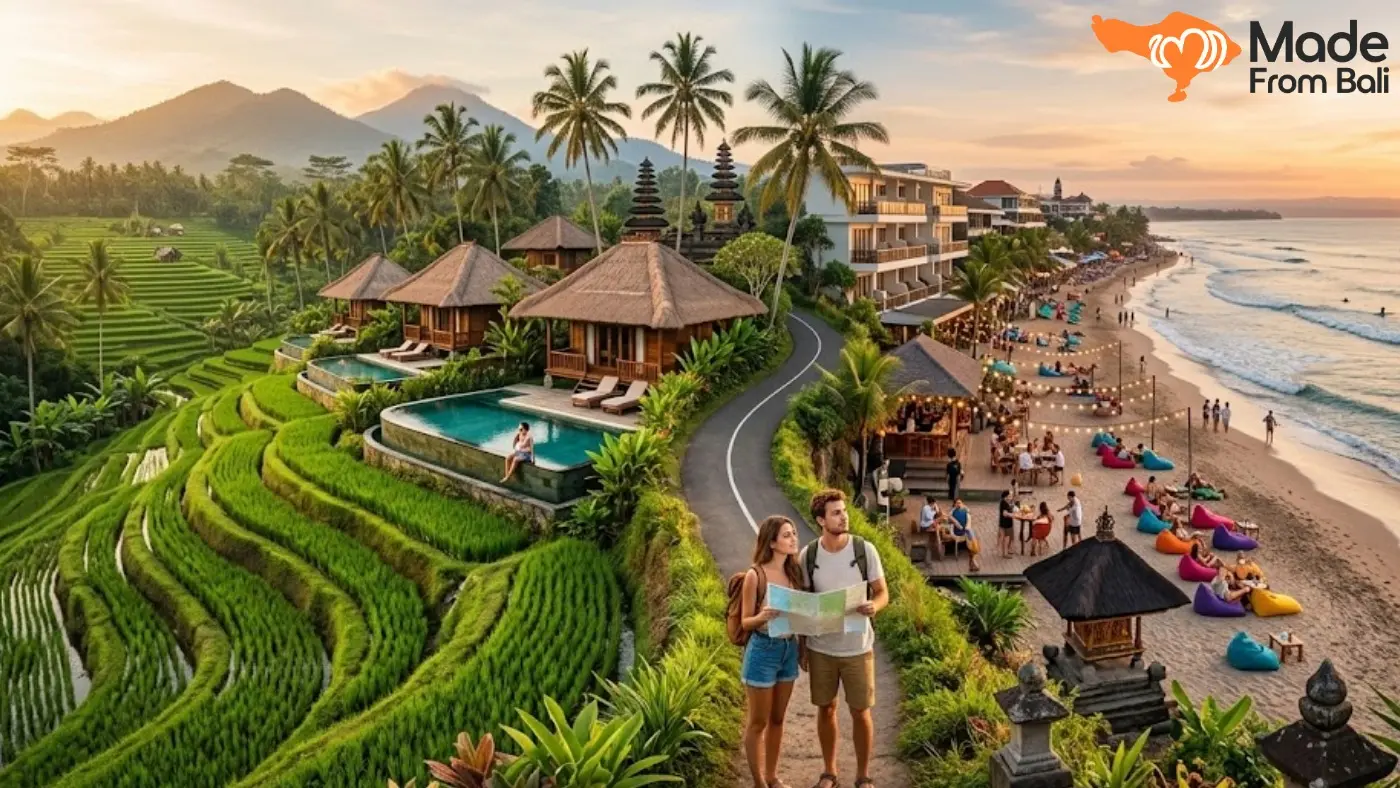 Sawah, vila, dan pantai Bali yang menggambarkan pilihan area menginap sesuai gaya liburan.