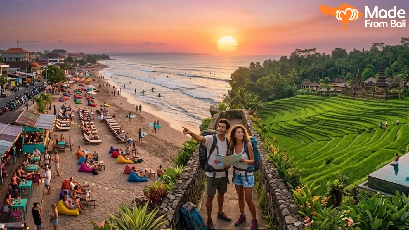 Beachfront area and rice terraces in Bali, showing how location shapes the travel experience.