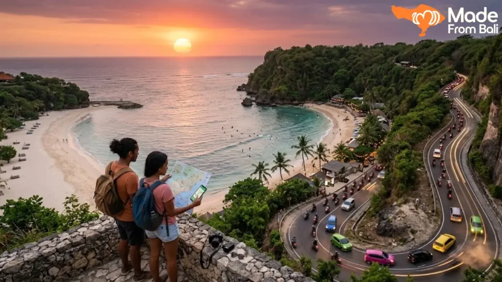 Travelers planning a Bali beach hopping route while considering traffic between coastal destinations.