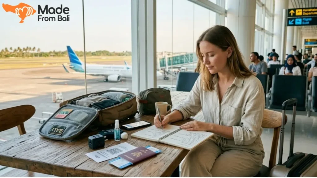 Traveler reviews travel notes, passport, and essentials before boarding a flight to Bali in 2026.