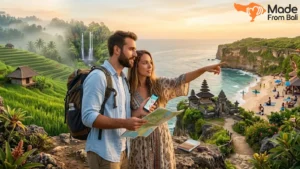 Travelers planning a Bali trip while viewing beaches, temples, waterfalls, and rice terraces.
