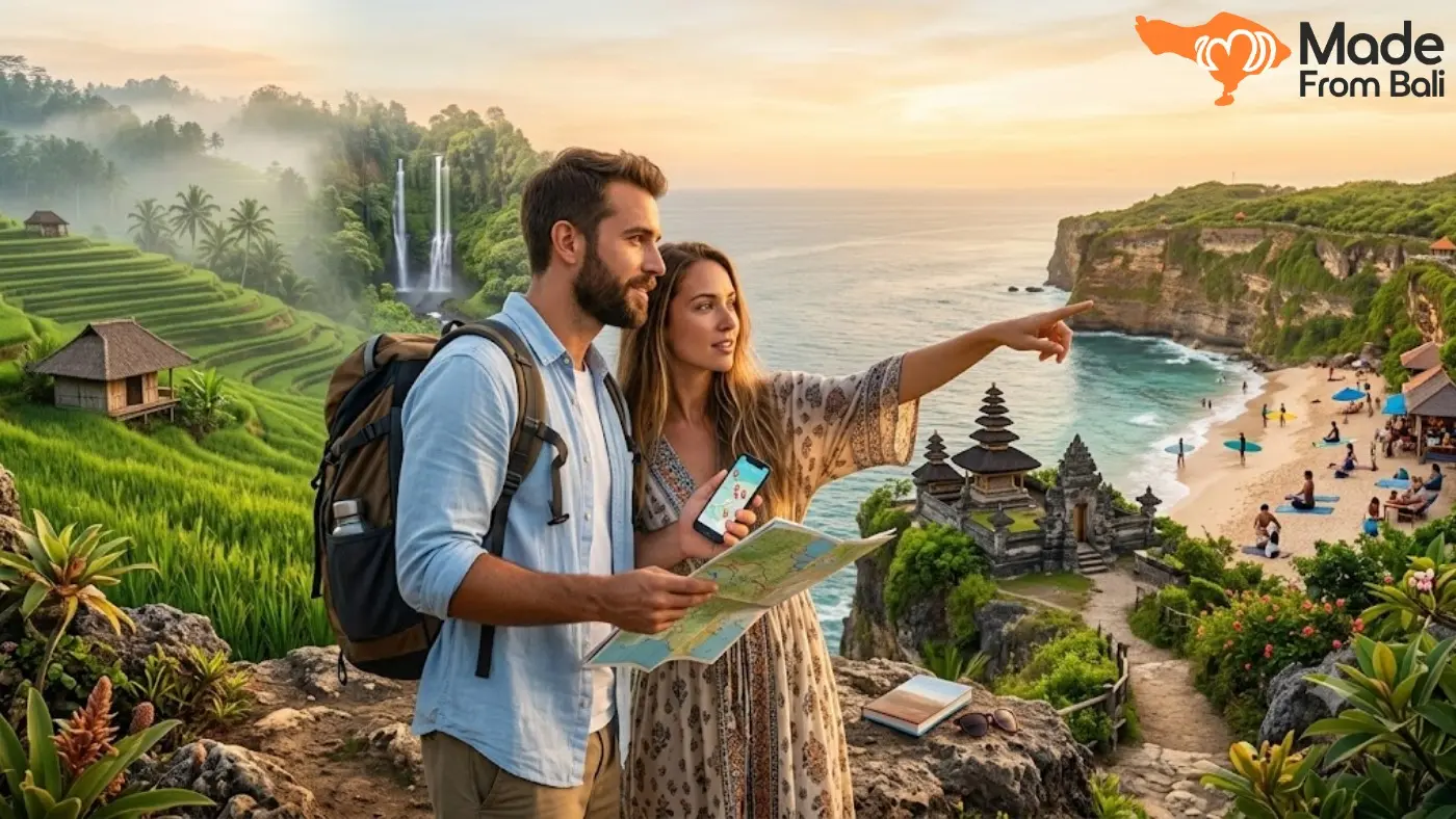 Travelers planning a Bali trip while viewing beaches, temples, waterfalls, and rice terraces.