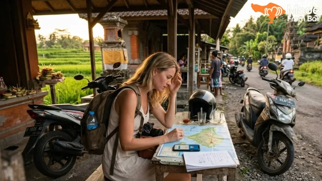 A traveler studies a Bali map beside a rented scooter while planning a trip and avoiding common travel mistakes.