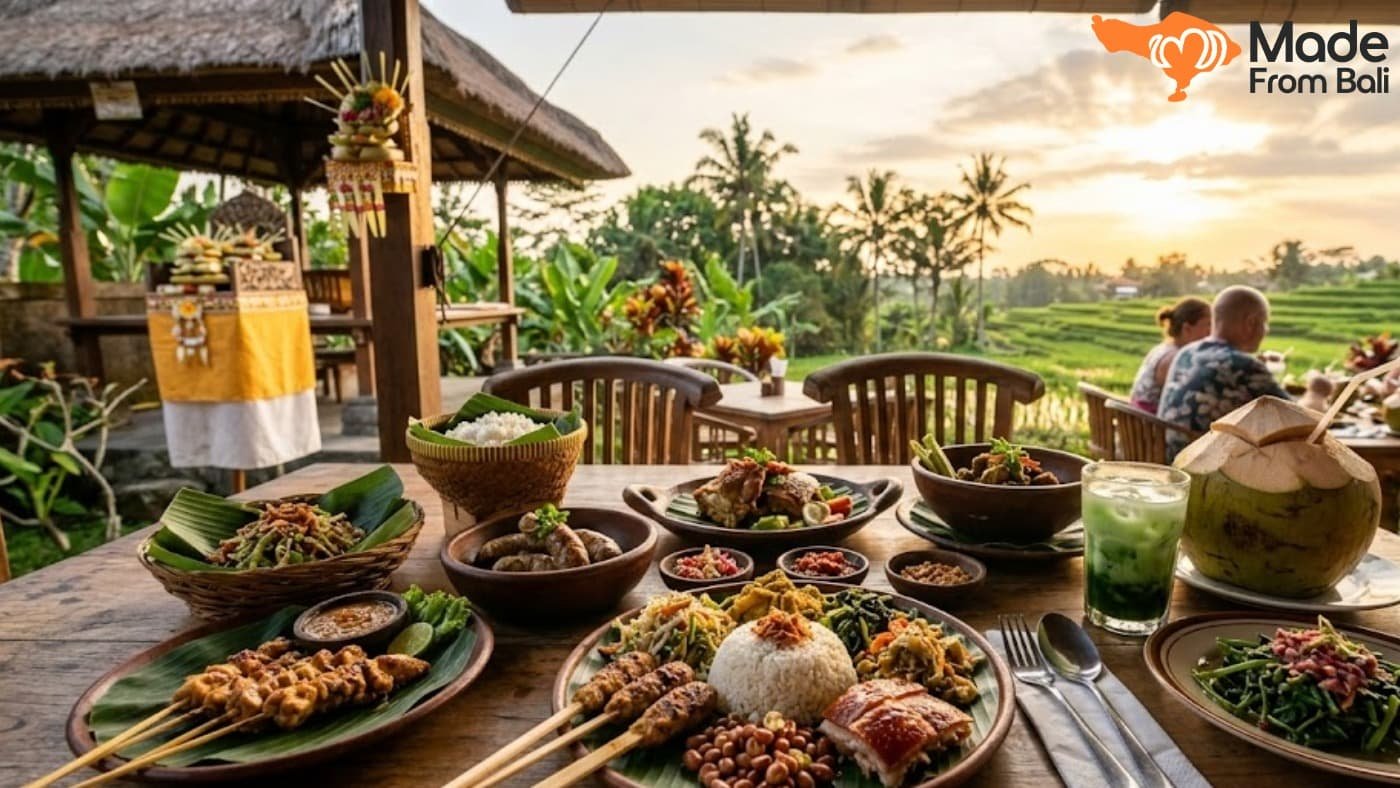 Traditional Balinese dishes served beside rice fields, highlighting local food every tourist should try in Bali.