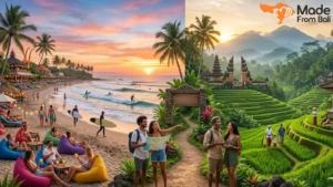 Perbandingan suasana pantai Canggu dan sawah Ubud untuk membantu memilih tempat menginap di Bali.