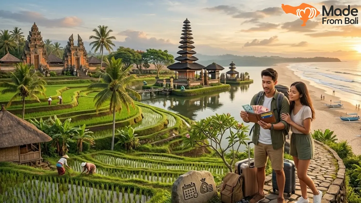 Wisatawan merencanakan anggaran liburan Bali lima hari dengan latar sawah, pura, dan pantai.