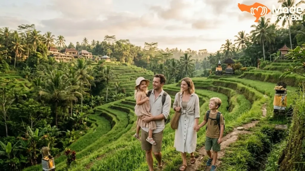 Family with children walking through Bali rice terraces, one of the best family-friendly places to visit.