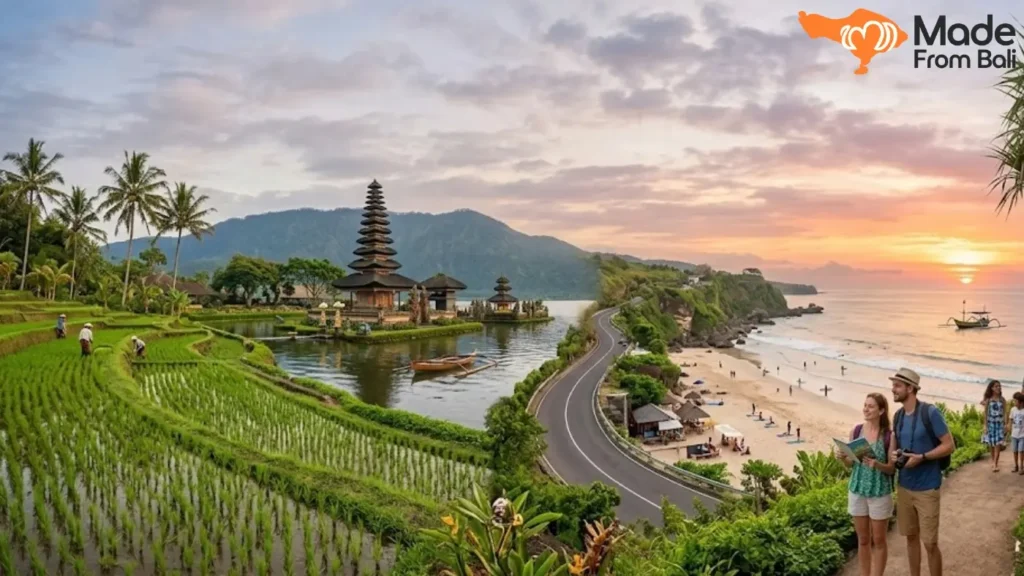 Pemandangan sawah, pantai, dan pura di Bali yang cocok untuk rencana liburan lima hari.
