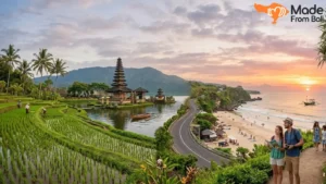 Pemandangan sawah, pantai, dan pura di Bali yang cocok untuk rencana liburan lima hari.