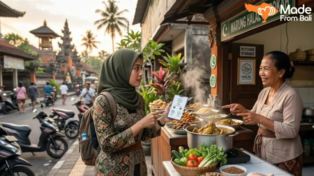 Wisatawan bertanya tentang status halal makanan kepada pemilik warung di Bali.