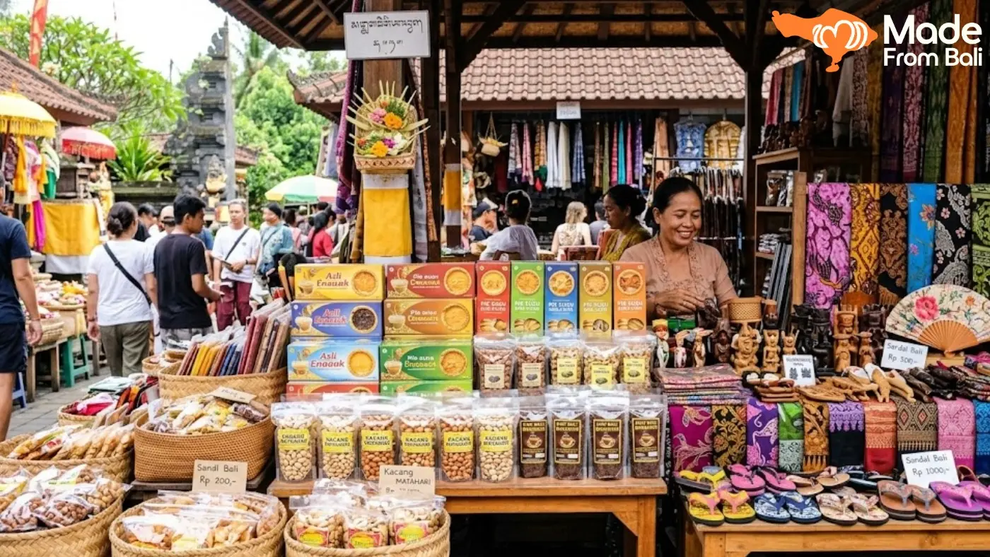 Toko oleh-oleh di Bali menjual makanan ringan, kerajinan tangan, dan produk khas lokal.