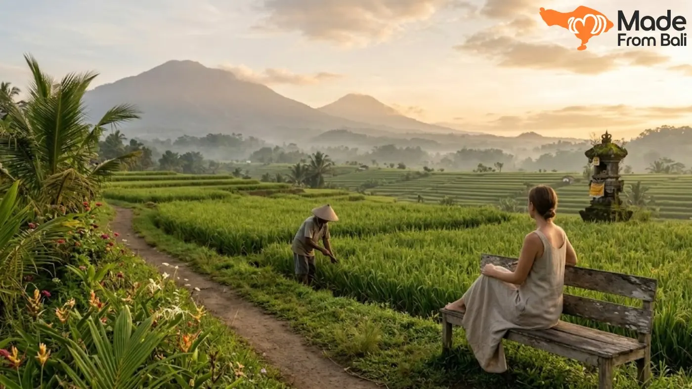 Traveler sitting beside Ubud rice fields, enjoying a quiet view away from crowds.