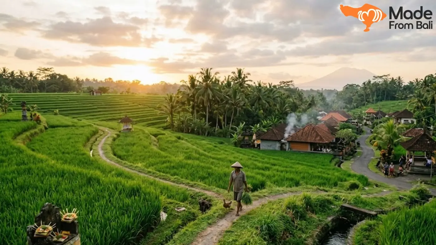Rice fields and village homes in Southern Ubud, showing the slower pace of local life.