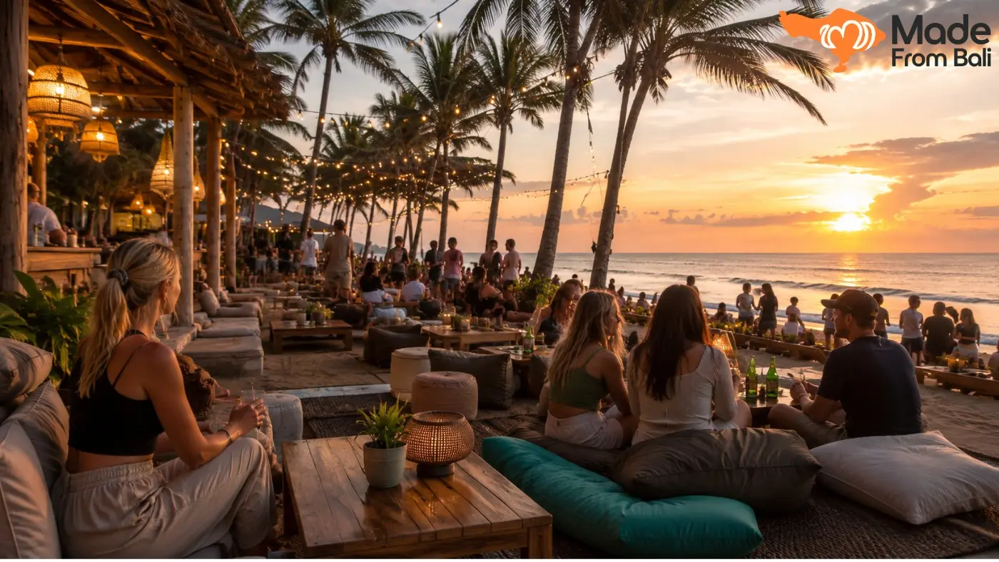 Pengunjung bersantai di beach club Canggu sambil menikmati suasana pantai dan matahari terbenam.