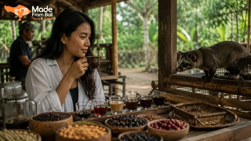 Pengunjung menikmati kopi luwak di kebun kopi Bali sebelum memahami proses dan pertimbangan etis kunjungannya.