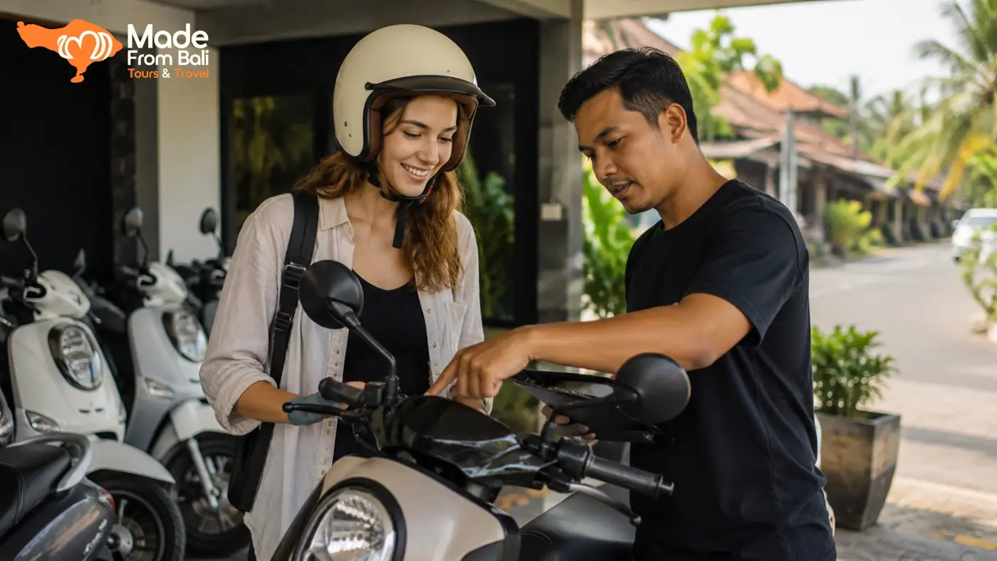 A tourist checks a scooter rental agreement and secures a helmet before riding safely through Bali.